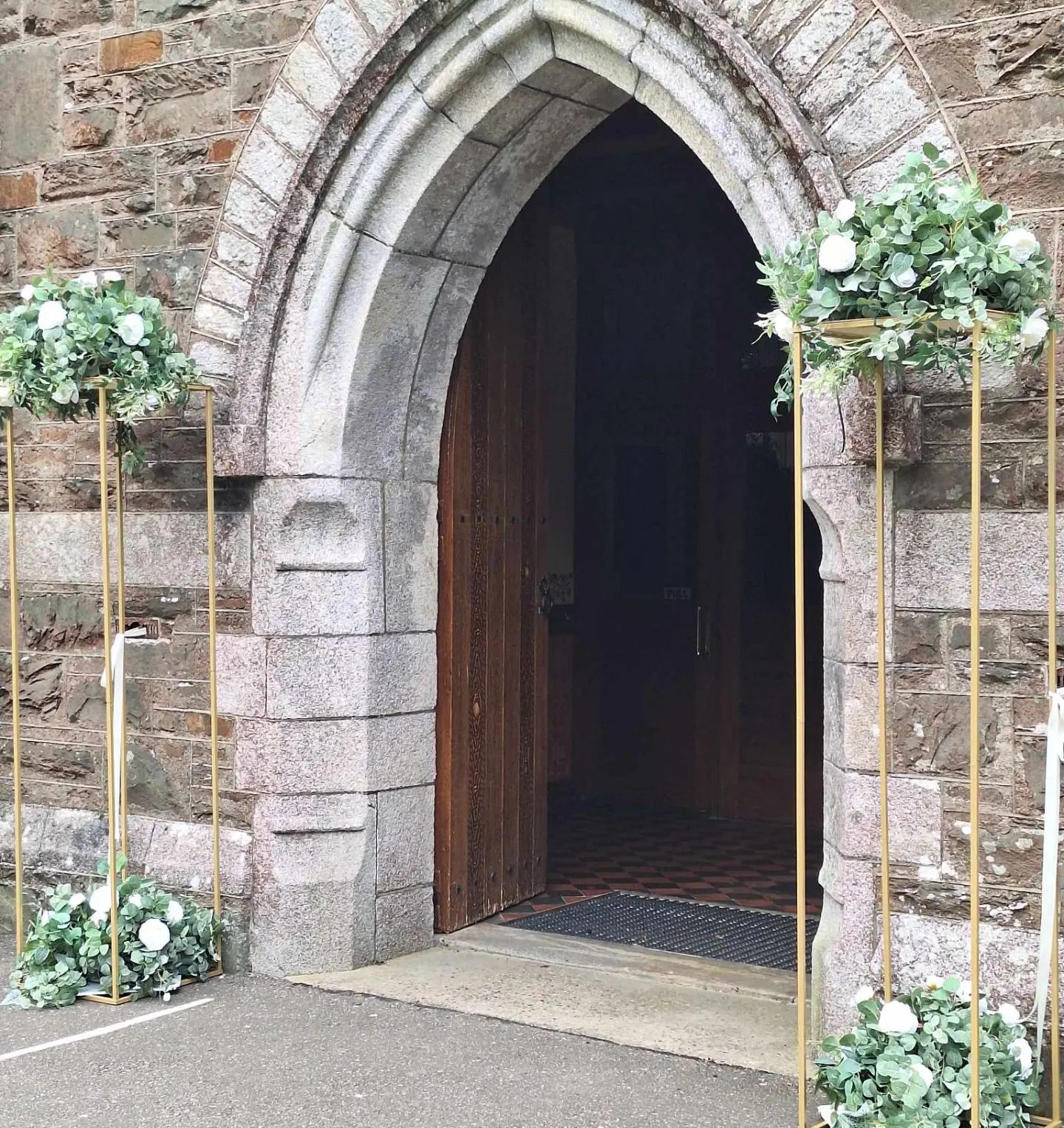 Green cubes at church doors